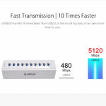 ORICO A3H10 อลูมิเนียมความเร็วสูง 10 พอร์ต USB 3.0 HUB พร้อมอะแดปเตอร์จ่ายไฟสำหรับแล็ปท็อป, 10 พอร์ต (สีเงิน), 10 พอร์ต (สีดำ)