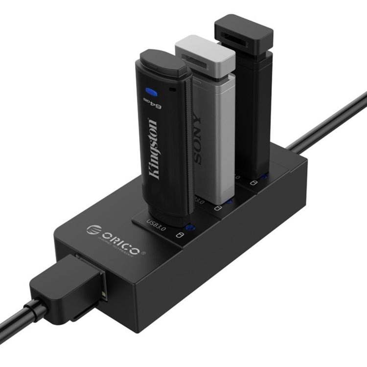 ORICO HR01-U3 ABS 3 พอร์ต USB3.0 HUB ตัวแยกพร้อมการ์ดเครือข่าย RJ45 Gigabit Ethernet ภายนอก 5 Gbps สำหรับแล็ปท็อป / เดสก์ท็อป / อัลตร้าบุ๊ก ฯลฯ