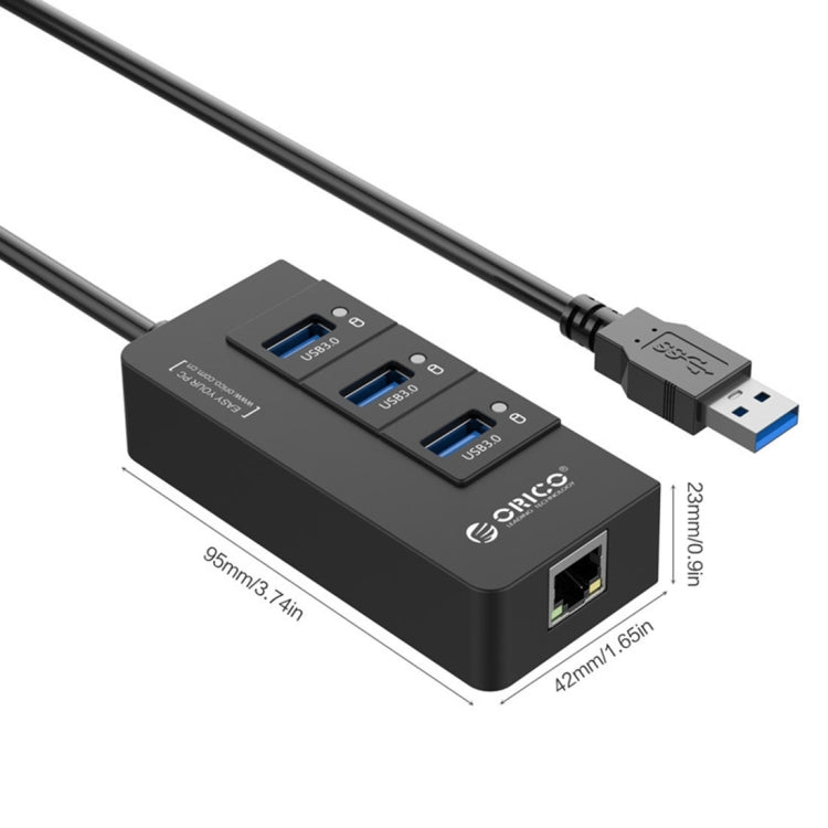 ORICO HR01-U3 ABS 3 พอร์ต USB3.0 HUB ตัวแยกพร้อมการ์ดเครือข่าย RJ45 Gigabit Ethernet ภายนอก 5 Gbps สำหรับแล็ปท็อป / เดสก์ท็อป / อัลตร้าบุ๊ก ฯลฯ