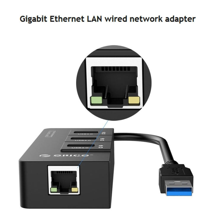 ORICO HR01-U3 ABS 3 พอร์ต USB3.0 HUB ตัวแยกพร้อมการ์ดเครือข่าย RJ45 Gigabit Ethernet ภายนอก 5 Gbps สำหรับแล็ปท็อป / เดสก์ท็อป / อัลตร้าบุ๊ก ฯลฯ