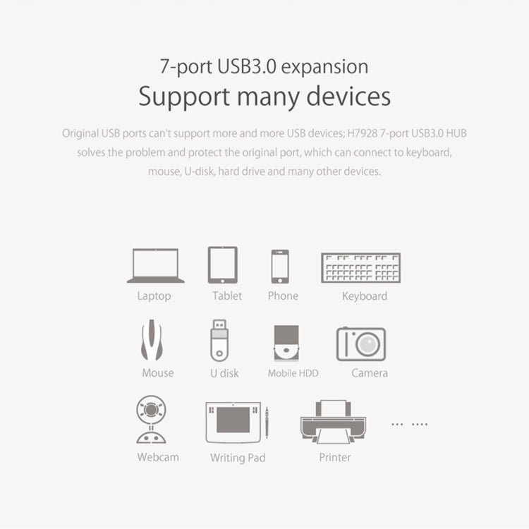 ORICO H7928-U3 วัสดุ ABS เดสก์ท็อป 7 พอร์ต USB 3.0 HUB พร้อมสาย 1 ม., USB 3.0