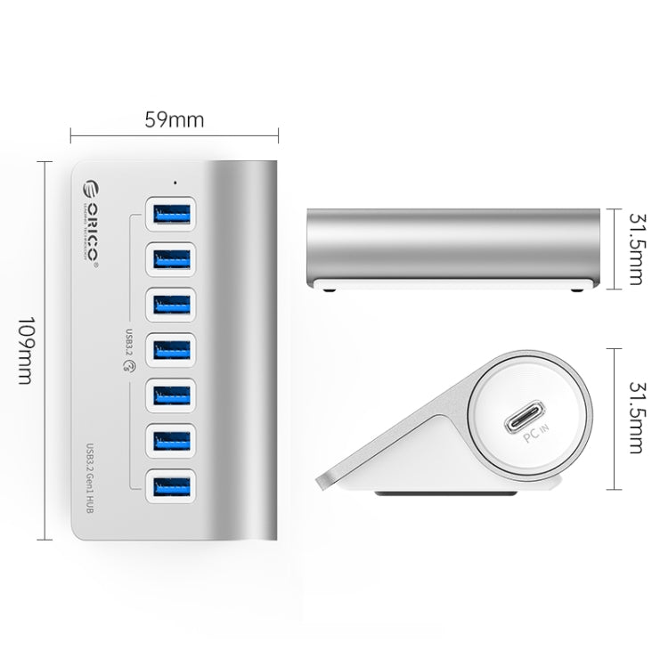 ORICO M3U7 อลูมิเนียมอัลลอย 7 พอร์ต USB 3.2 Gen1 5Gbps HUB พร้อมสาย 1 ม., M3U7 1 ม.