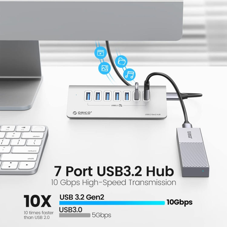ORICO M3U7-G2 อลูมิเนียมอัลลอย 7 พอร์ต USB 3.2 Gen2 10Gbps HUB พร้อมสาย 1 ม., M3U7-G2 1 ม.