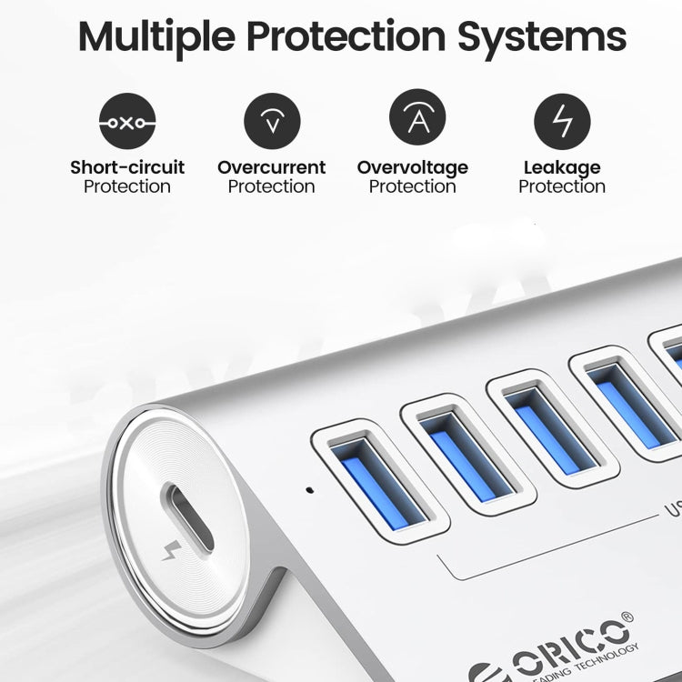 ORICO M3U7-G2 อลูมิเนียมอัลลอย 7 พอร์ต USB 3.2 Gen2 10Gbps HUB พร้อมสาย 1 ม., M3U7-G2 1 ม.