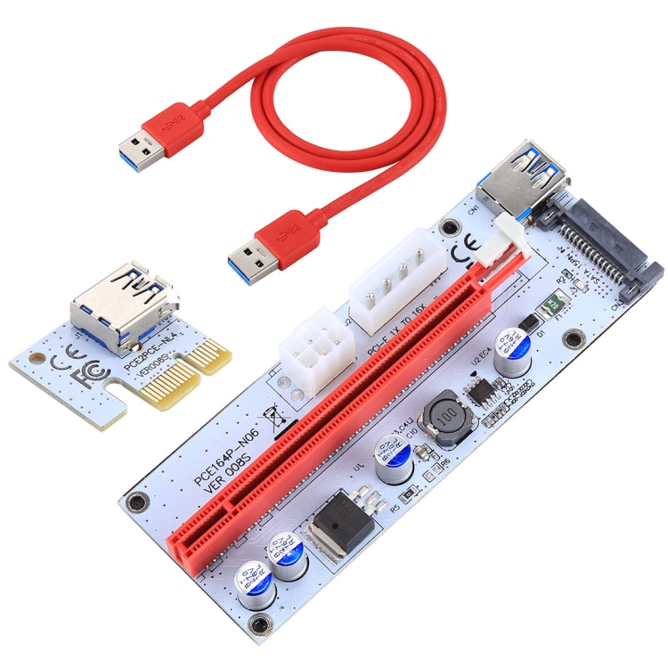 PCE164P-N06 VER008S ตัวขยายสัญญาณ USB 3.0 PCI-E Express 1x เป็น 16x PCI-E การ์ดอะแดปเตอร์ Riser พร้อมพอร์ตจ่ายไฟ SATA 15 พิน 6 พิน + 4 พิน และสาย USB ยาว 60 ซม., VER008S สีแดง