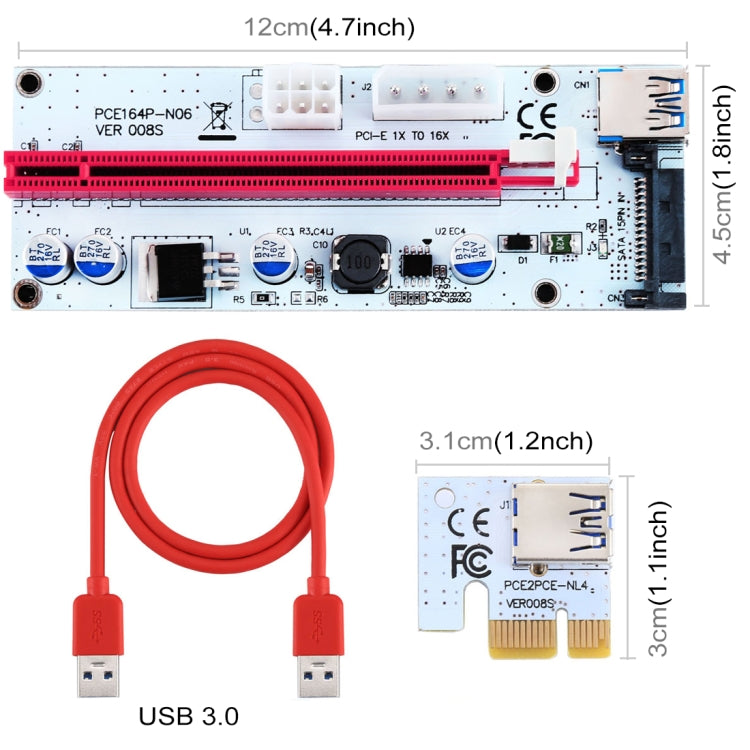 PCE164P-N06 VER008S ตัวขยายสัญญาณ USB 3.0 PCI-E Express 1x เป็น 16x PCI-E การ์ดอะแดปเตอร์ Riser พร้อมพอร์ตจ่ายไฟ SATA 15 พิน 6 พิน + 4 พิน และสาย USB ยาว 60 ซม., VER008S สีแดง