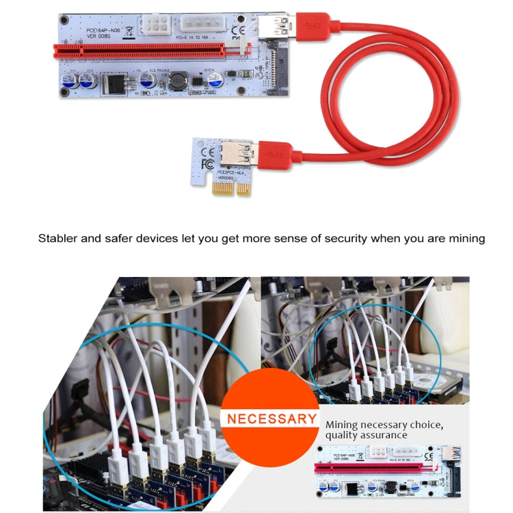 PCE164P-N06 VER008S ตัวขยายสัญญาณ USB 3.0 PCI-E Express 1x เป็น 16x PCI-E การ์ดอะแดปเตอร์ Riser พร้อมพอร์ตจ่ายไฟ SATA 15 พิน 6 พิน + 4 พิน และสาย USB ยาว 60 ซม., VER008S สีแดง