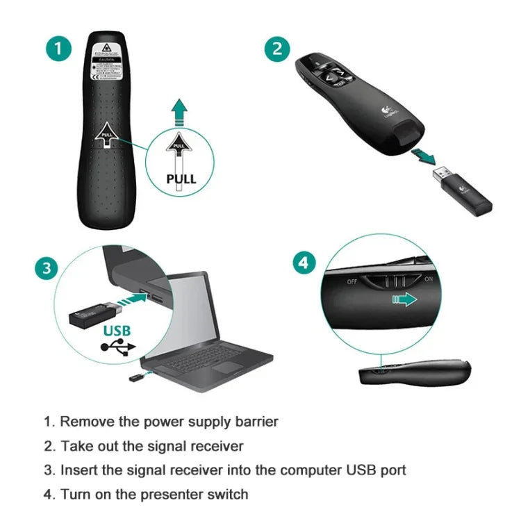 Logitech R400 รีโมทไร้สาย 2.4GHz สำหรับนำเสนอ PPT ปากกา, R400
