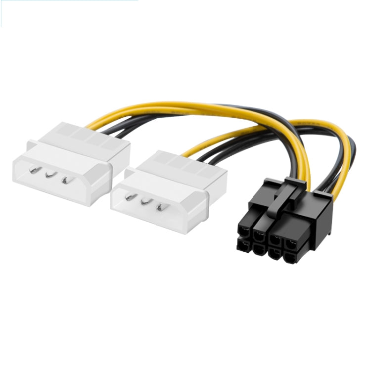 สายไฟจ่ายพลังงานการ์ดกราฟิก PCI Express 8 พิน รูปตัว Y ยาว 18 ซม. เป็น Molex 4 พินคู่, ตัวเมีย 8 พิน เป็นตัวผู้ Molex 4 พินคู่