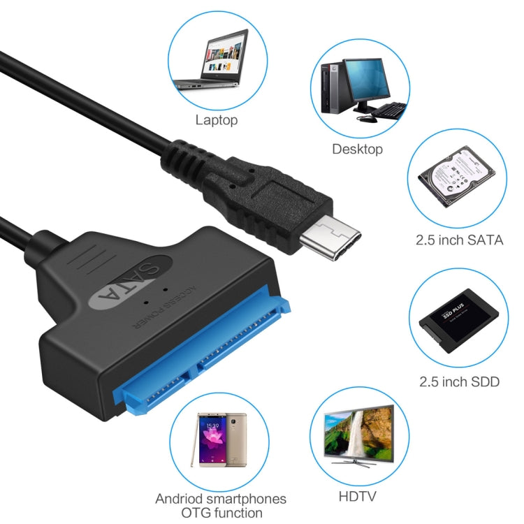 สายแปลงข้อมูล USB-C / Type-C 3.1 ตัวผู้เป็น SATA (15 พิน + 7 พิน) HDD ความยาว: 20cm, Type-C เป็น SATA
