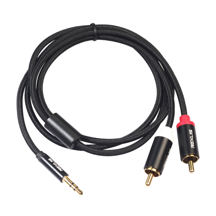 สายเสียง REXLIS 3635 แจ็ค 3.5 มม. ตัวผู้เป็นปลั๊ก RCA คู่ ชุบทอง สายถักผ้าฝ้ายสีดำ สำหรับลำโพงแอคทีฟ อินพุต RCA ความยาว: 1m