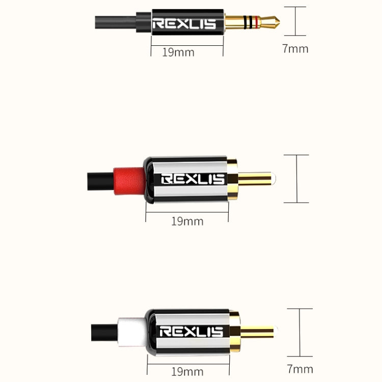 สายเสียง REXLIS 3635 แจ็ค 3.5 มม. ตัวผู้เป็นปลั๊ก RCA คู่ ชุบทอง สายถักผ้าฝ้ายสีดำ สำหรับลำโพงแอคทีฟ อินพุต RCA ความยาว: 1m