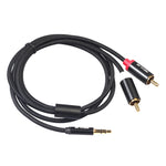 สายเสียง REXLIS 3635 แจ็ค 3.5 มม. ตัวผู้เป็นปลั๊ก RCA คู่ ชุบทอง สายถักผ้าฝ้ายสีดำ สำหรับลำโพงแอคทีฟ อินพุต RCA ความยาว: 1.8m