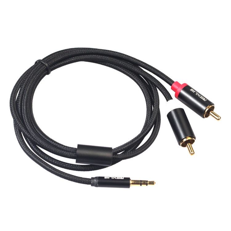 สายเสียง REXLIS 3635 แจ็ค 3.5 มม. ตัวผู้เป็นปลั๊ก RCA คู่ ชุบทอง สายถักผ้าฝ้ายสีดำ สำหรับลำโพงแอคทีฟ อินพุต RCA ความยาว: 1.8m