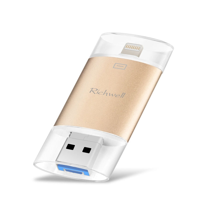 Richwell แฟลชไดรฟ์ 3 in 1 128G Type-C + 8 Pin + USB 3.0 ฝาปิดโลหะสองชั้นแบบดัน-ดึง พร้อมฟังก์ชัน OTG