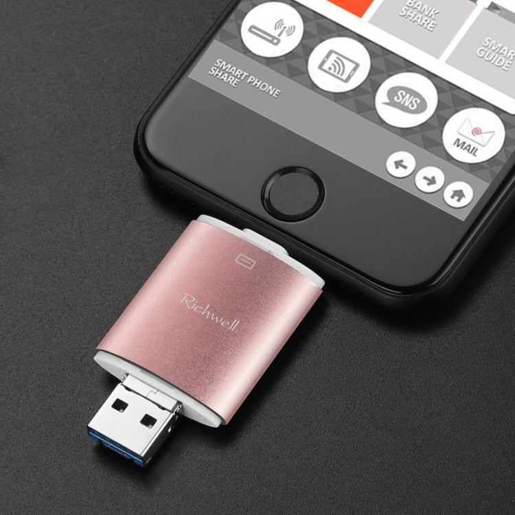 Richwell แฟลชไดรฟ์ 3 in 1 128G Type-C + 8 Pin + USB 3.0 ฝาปิดโลหะสองชั้นแบบดัน-ดึง พร้อมฟังก์ชัน OTG