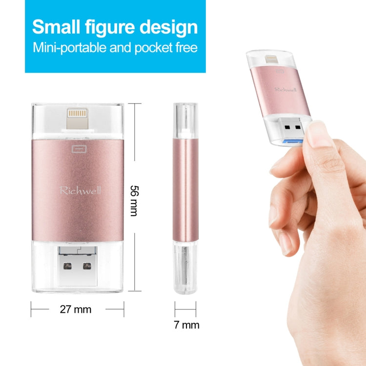 Richwell แฟลชไดรฟ์ 3 in 1 64G Type-C + 8 Pin + USB 3.0 ฝาปิดโลหะสองชั้นแบบดัน-ดึง พร้อมฟังก์ชัน OTG