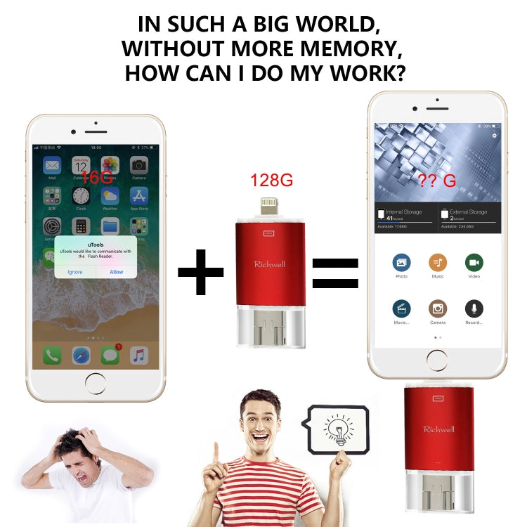 Richwell แฟลชไดรฟ์ 3 in 1 16G Type-C + 8 Pin + USB 3.0 ฝาปิดโลหะสองชั้นแบบดัน-ดึง พร้อมฟังก์ชัน OTG