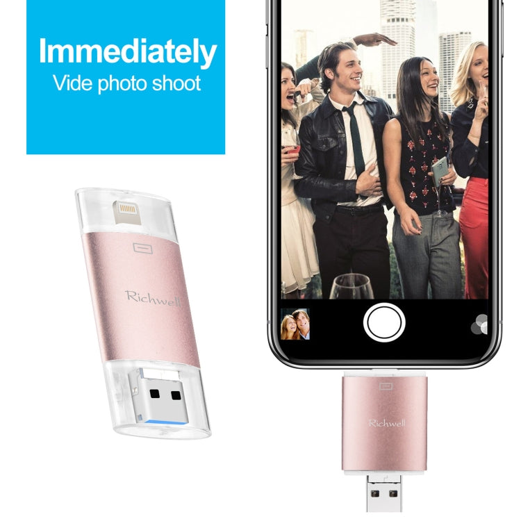 Richwell แฟลชไดรฟ์ 3 in 1 16G Type-C + 8 Pin + USB 3.0 ฝาปิดโลหะสองชั้นแบบดัน-ดึง พร้อมฟังก์ชัน OTG