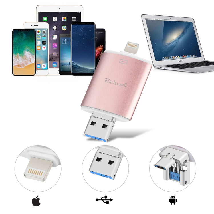 Richwell แฟลชไดรฟ์ 3 in 1 16G Type-C + 8 Pin + USB 3.0 ฝาปิดโลหะสองชั้นแบบดัน-ดึง พร้อมฟังก์ชัน OTG