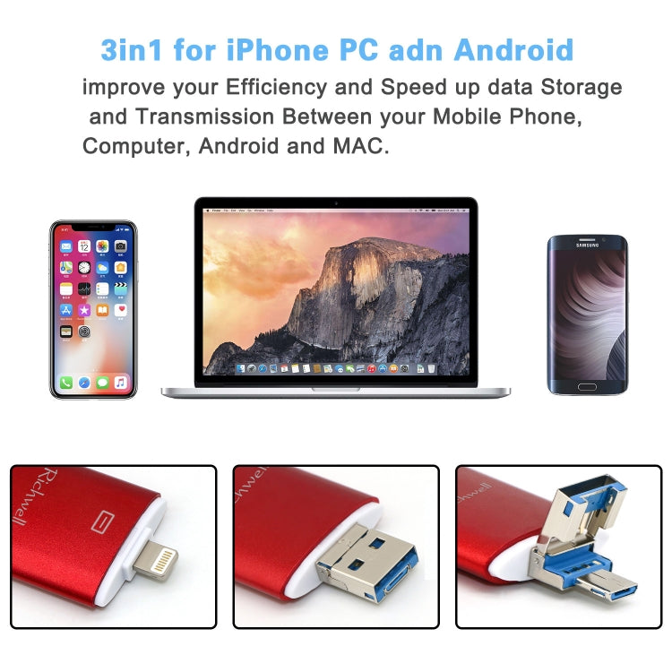 Richwell แฟลชไดรฟ์ 3 in 1 16G Type-C + 8 Pin + USB 3.0 ฝาปิดโลหะสองชั้นแบบดัน-ดึง พร้อมฟังก์ชัน OTG