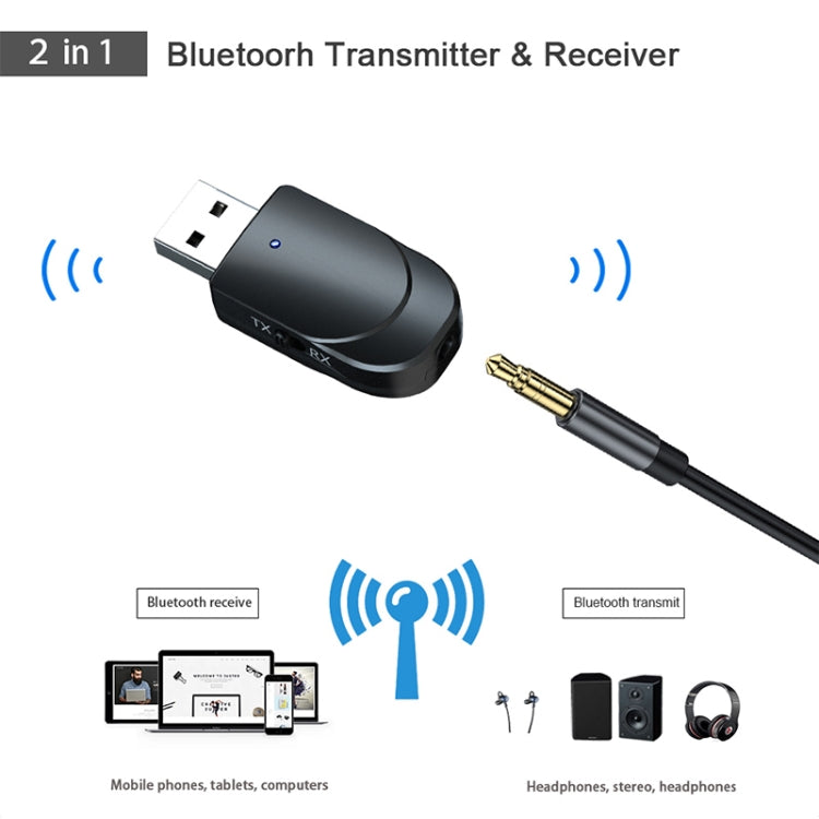 KN330 3 in 1 USB Bluetooth 5.0 Adapter Audio Transmitter Receiver with Switch Button & 3.5mm AUX Interface, KN330
