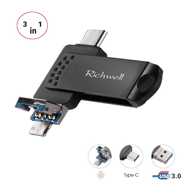 Richwell แฟลชไดรฟ์โลหะ 3 in 1 16G Type-C + Micro USB + USB 3.0 พร้อมฟังก์ชัน OTG