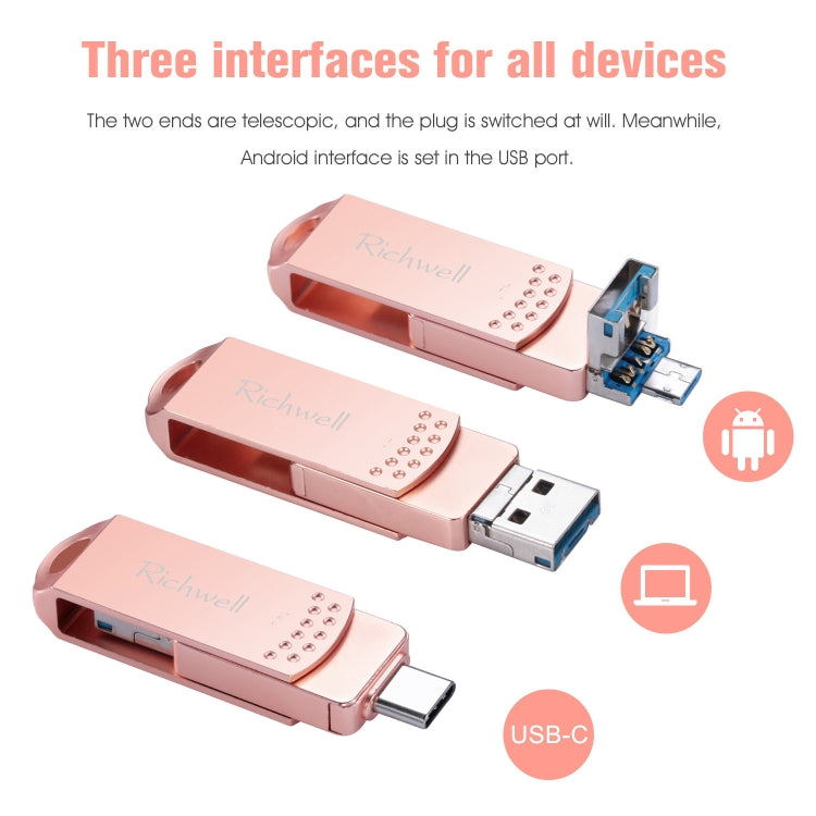 Richwell แฟลชไดรฟ์โลหะ 3 in 1 16G Type-C + Micro USB + USB 3.0 พร้อมฟังก์ชัน OTG
