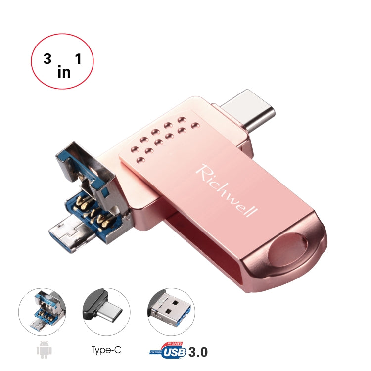 Richwell แฟลชไดรฟ์โลหะ 3 in 1 16G Type-C + Micro USB + USB 3.0 พร้อมฟังก์ชัน OTG