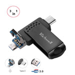 Richwell แฟลชไดรฟ์โลหะ 3 in 1 128G Type-C + Micro USB + USB 3.0 พร้อมฟังก์ชัน OTG