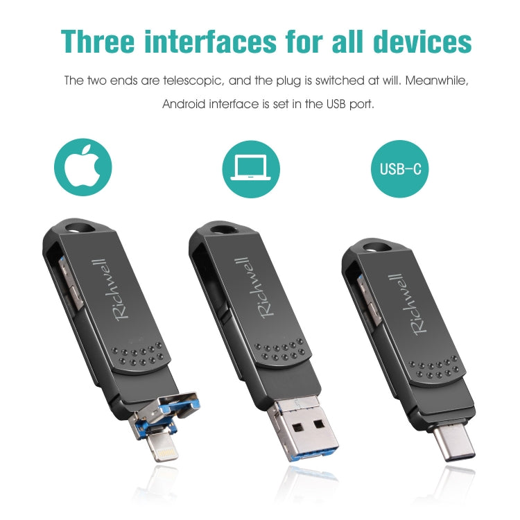 Richwell แฟลชไดรฟ์โลหะ 32G Type-C + 8 Pin + USB 3.0 พร้อมฟังก์ชัน OTG