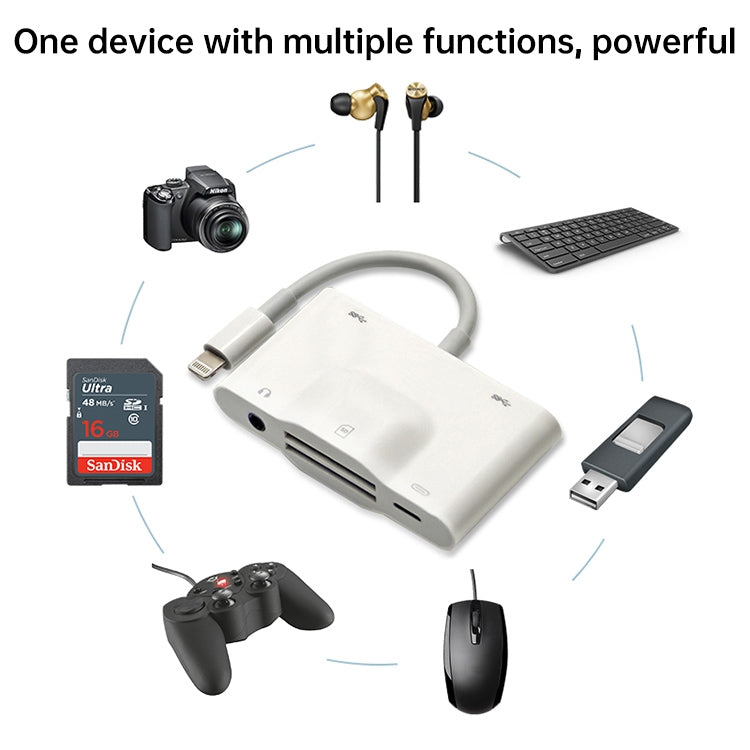 NK-1042 อะแดปเตอร์กล้อง 6 in 1 8 Pin ตัวผู้เป็น Dual USB + Dual SD Card + ช่องต่อเสียง 3.5 มม. + ช่องชาร์จ 8 Pin ตัวเมีย
