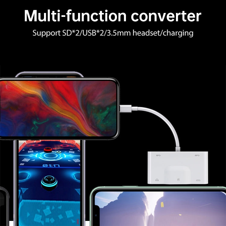 NK-1042 อะแดปเตอร์กล้อง 6 in 1 8 Pin ตัวผู้เป็น Dual USB + Dual SD Card + ช่องต่อเสียง 3.5 มม. + ช่องชาร์จ 8 Pin ตัวเมีย