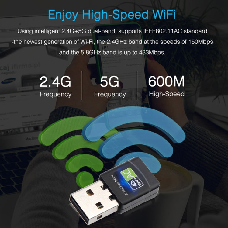 อะแดปเตอร์ WiFi USB 2.0 แบบสองย่านความถี่ 2.4GHz & 5GHz ความเร็ว AC600Mbps พร้อมไดรเวอร์ฟรี, AC600Mbps