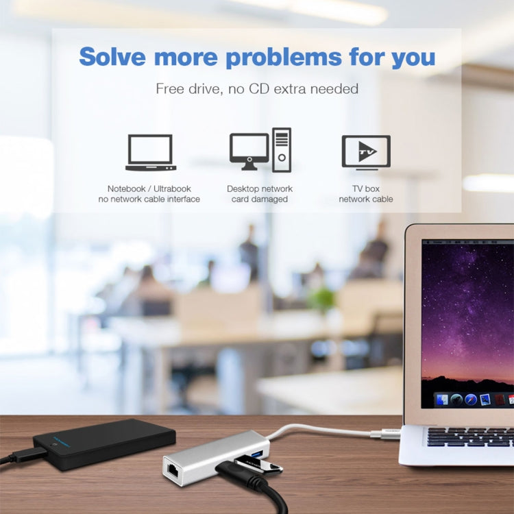 ฮับอลูมิเนียม 3 พอร์ต USB3.0 พร้อมอะแดปเตอร์อีเธอร์เน็ต USB-C / Type-C ความเร็ว 1000Mbps, USB Type-C 1000Mbps