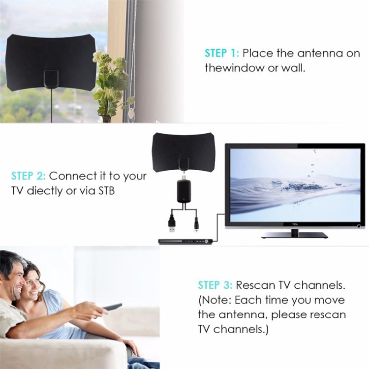 เสาอากาศ HDTV ดิจิตอลในร่ม กำไรสูง 25dBi ระยะ 50 ไมล์ พร้อมสายโคแอกเชียล 3 เมตร สีดำ, 50 ไมล์ 25dBi