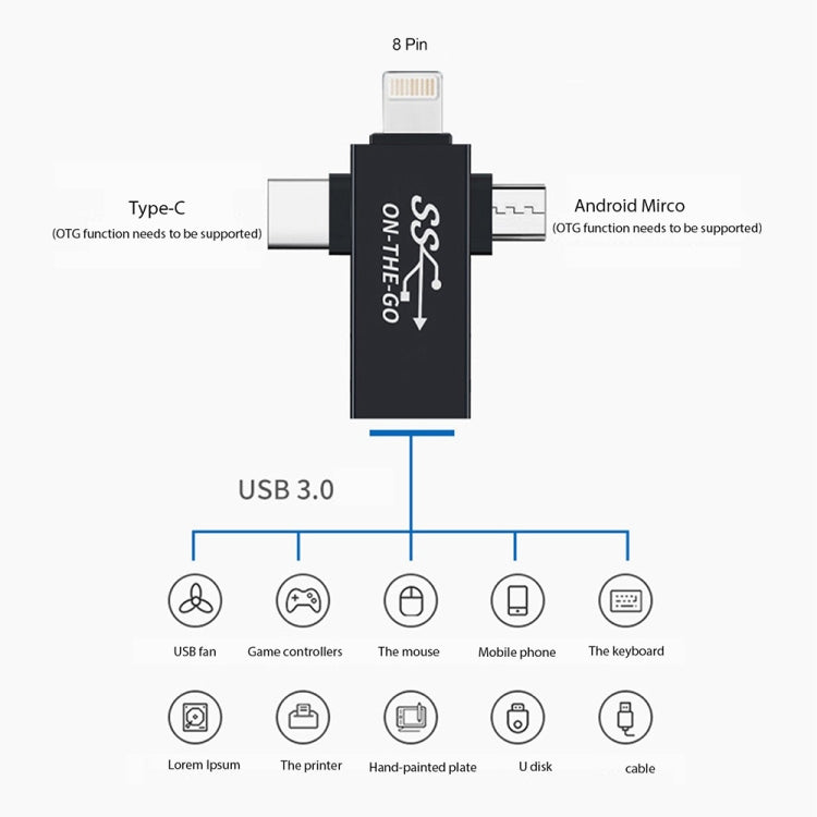 อะแดปเตอร์ OTG 3 in 1 USB 3.0 เป็น 8 Pin + Micro USB + USB-C / Type-C