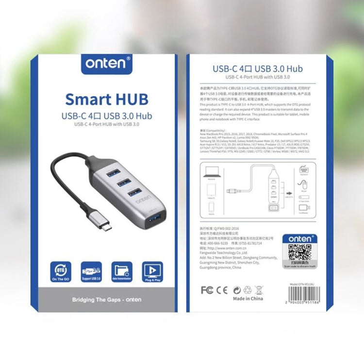 Onten 95118U HUB แปลง USB-C / Type-C เป็น 4 พอร์ต USB 3.0 4-in-1 สถานีเชื่อมต่อมัลติฟังก์ชัน, 95118U