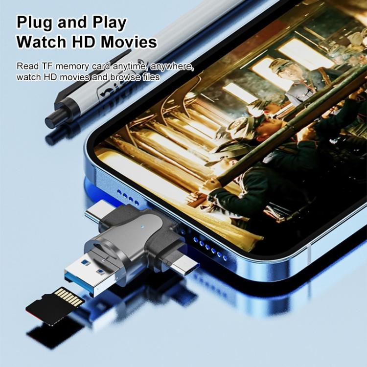 เครื่องอ่านการ์ด 4 in 1 8 พิน + USB-C / Type-C + Micro USB + USB 3.0 ตัวผู้, 4 in 1
