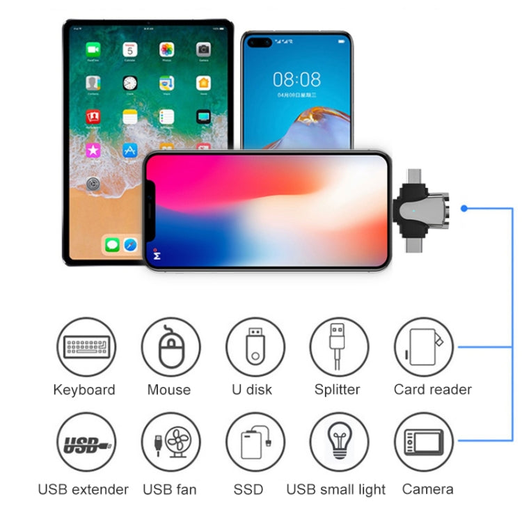 อะแดปเตอร์ 3 in 1 8 พิน + USB-C / Type-C + Micro USB ตัวผู้ เป็น USB 3.0 ตัวเมีย อัลลอยสังกะสี