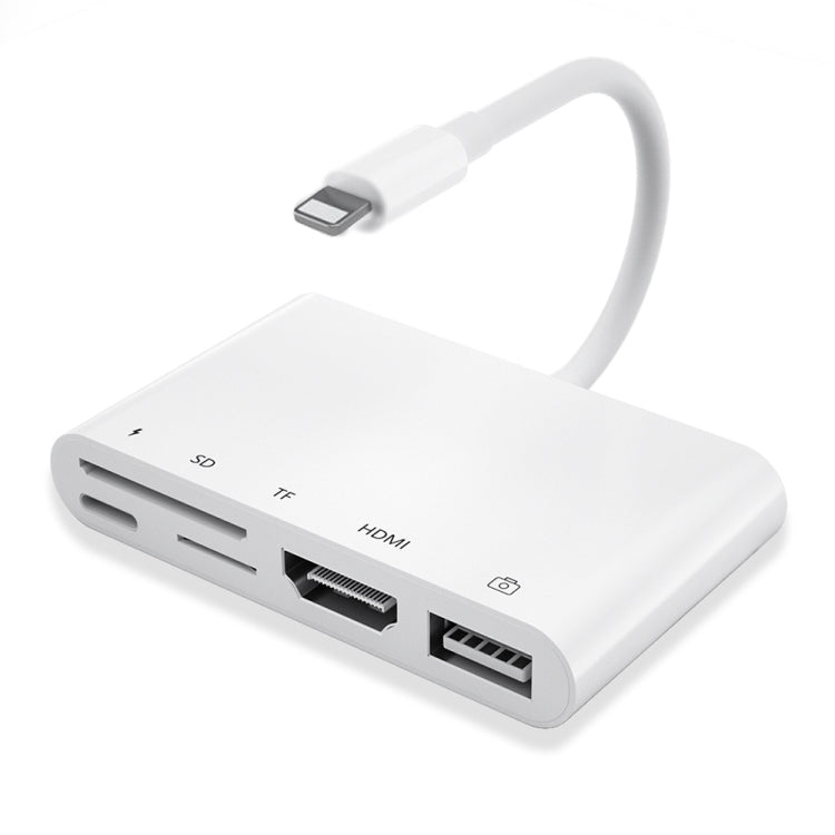 อะแดปเตอร์ OTG ดิจิทัล AV 5 in 1 8 พิน ตัวผู้ เป็น USB + HDMI + ช่องเสียบการ์ด TF / SD + 8 พิน พาวเวอร์ ตัวเมีย, ช่องเสียบการ์ด TF / SD