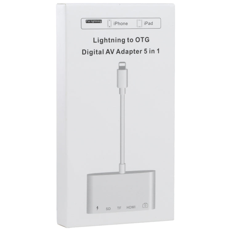 อะแดปเตอร์ OTG ดิจิทัล AV 5 in 1 8 พิน ตัวผู้ เป็น USB + HDMI + ช่องเสียบการ์ด TF / SD + 8 พิน พาวเวอร์ ตัวเมีย, ช่องเสียบการ์ด TF / SD