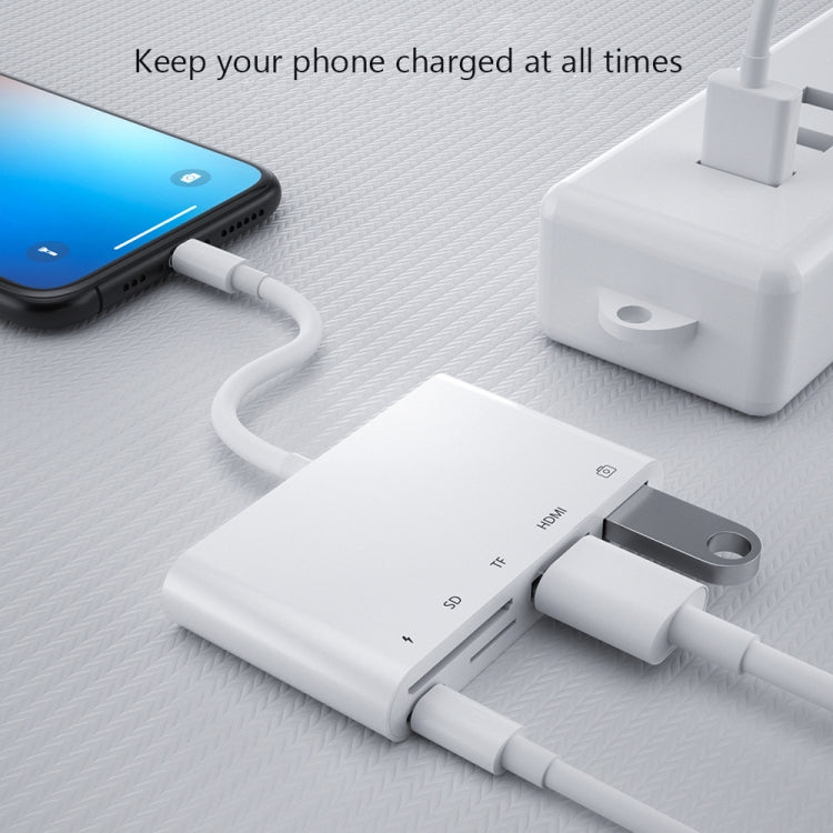 อะแดปเตอร์ OTG ดิจิทัล AV 5 in 1 8 พิน ตัวผู้ เป็น USB + HDMI + ช่องเสียบการ์ด TF / SD + 8 พิน พาวเวอร์ ตัวเมีย, ช่องเสียบการ์ด TF / SD