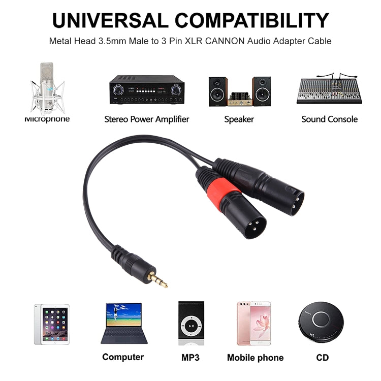 สายอะแดปเตอร์เสียงหัวโลหะ 30 ซม. 3.5 มม. ตัวผู้เป็น XLR 3 พิน ตัวผู้ CANNON, ตัวผู้ 3.5 มม.