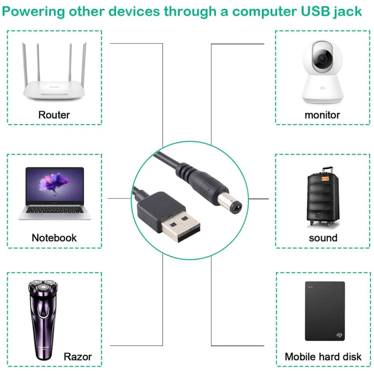 สายชาร์จ USB 3A เป็นปลั๊กไฟ DC 5.5 x 2.1มม., ความยาว: 1ม., USB เป็น DC 5.5x2.1มม.