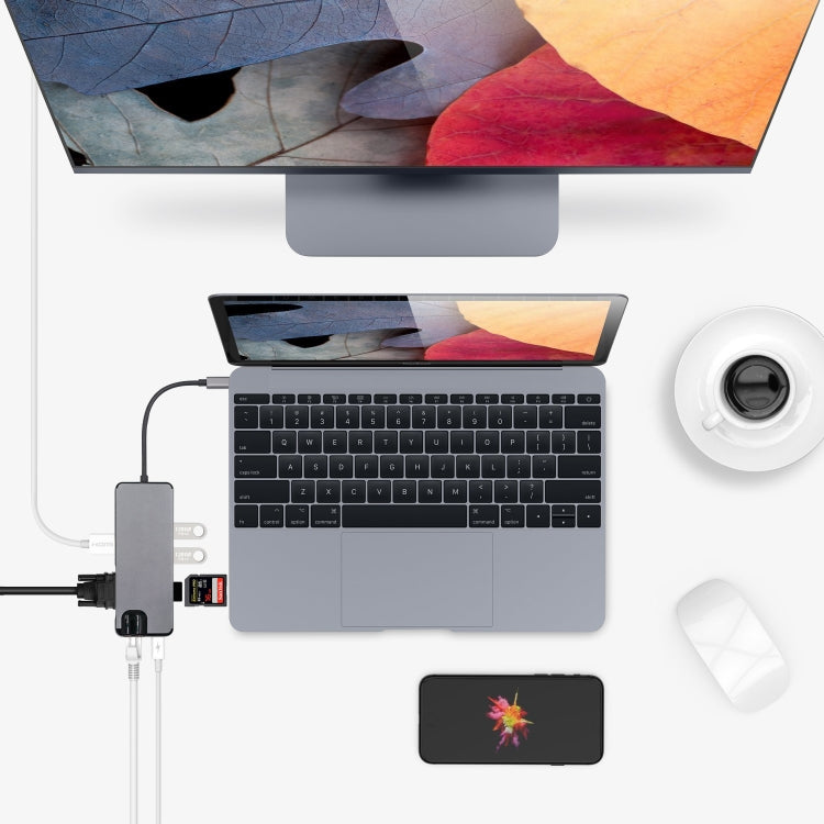 อะแดปเตอร์ 8 in 1 Type-C เป็น HDMI + USB 3.0 + USB 3.0 + Type-C + LAN + VGA + TF/SD Card Reader