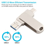 แฟลชไดรฟ์หมุนโลหะ 3 in 1 64G Micro USB + 8 พิน + Type-C พร้อมฟังก์ชัน OTG, 64G USB + 8 พิน + Type-C