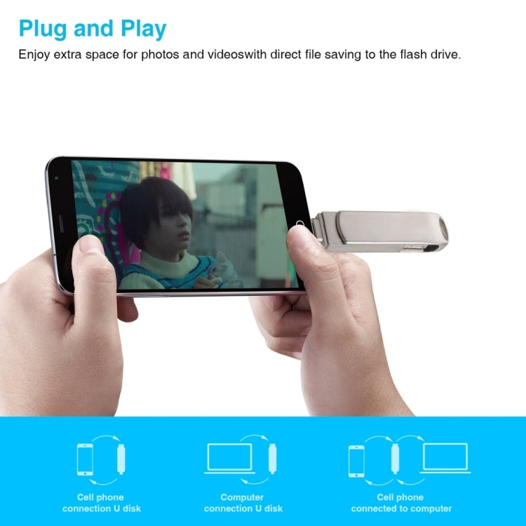 แฟลชไดรฟ์หมุนโลหะ 3 in 1 64G Micro USB + 8 พิน + Type-C พร้อมฟังก์ชัน OTG, 64G USB + 8 พิน + Type-C
