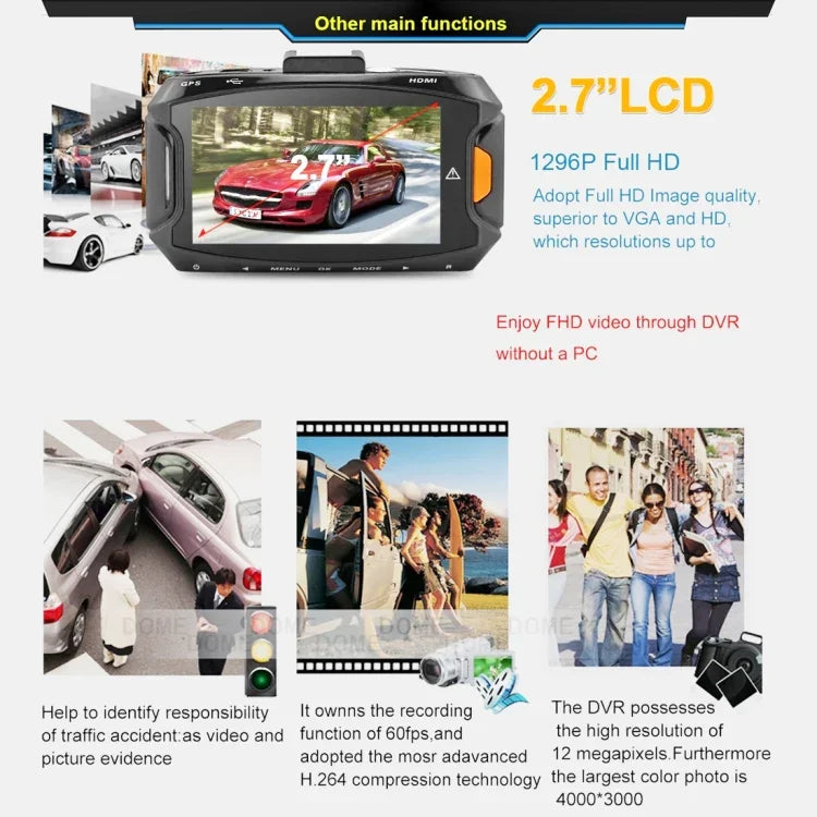 กล้องบันทึกภาพรถยนต์ GS90C จอ LCD 2.7 นิ้ว ความละเอียด HD 2304 x 1296P มุมมองกว้าง 170 องศา รองรับการตรวจจับการเคลื่อนไหว / การ์ด TF / เซ็นเซอร์ G / HDMI, GS90C