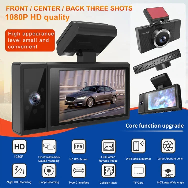 X12 เครื่องบันทึกวิดีโอรถยนต์ WiFi 2K Ultra HD มุมกว้างแบบพาโนรามา บันทึกสามช่อง รองรับแอปมือถือ, X12